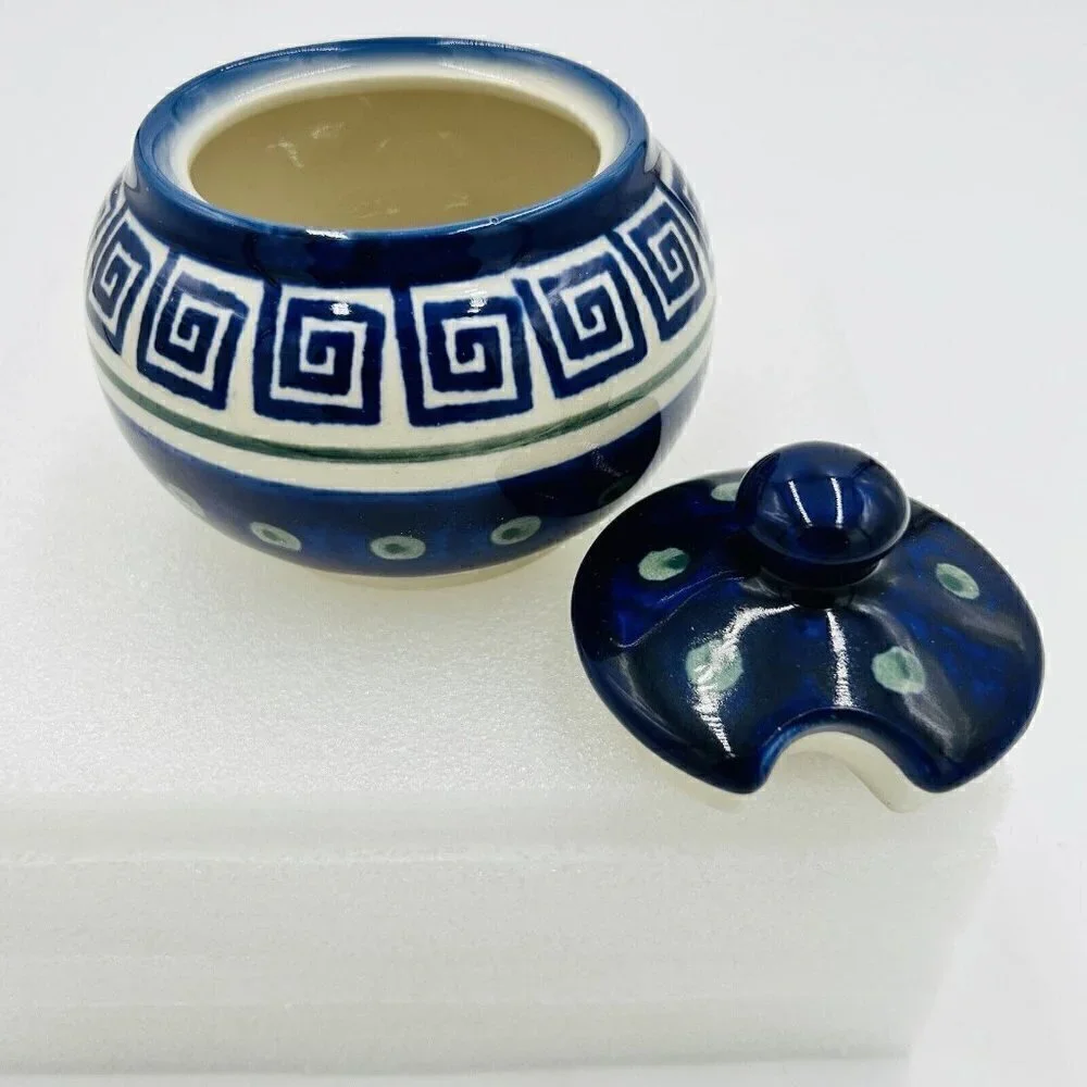 Boleslawiec Polish Pottery Hand Painted Greek Key Pattern Sugar/Jam Bowl w/Lid